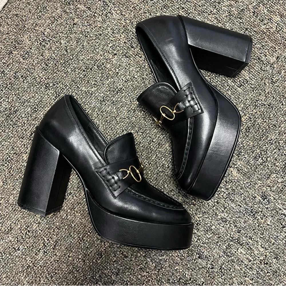 Anthropologie BiBi Lou Black and Gold Platform Snaffle Loafers, EUC Sz 8.5 (39) - Picture 2 of 8